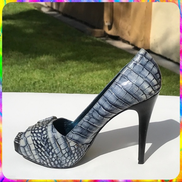 PELLE MODA Blue Gray Snakeskin Peep Toe Stiletto High Heels Pumps Size 8 M - Picture 5 of 14